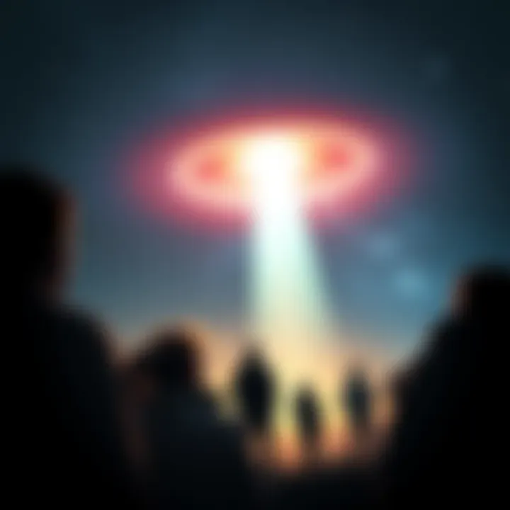 A group of people gazing at a bright light in the night sky, with a sense of wonder and excitement as they initiate contact with extraterrestrial beings. The scene captures a feeling of connection bey...