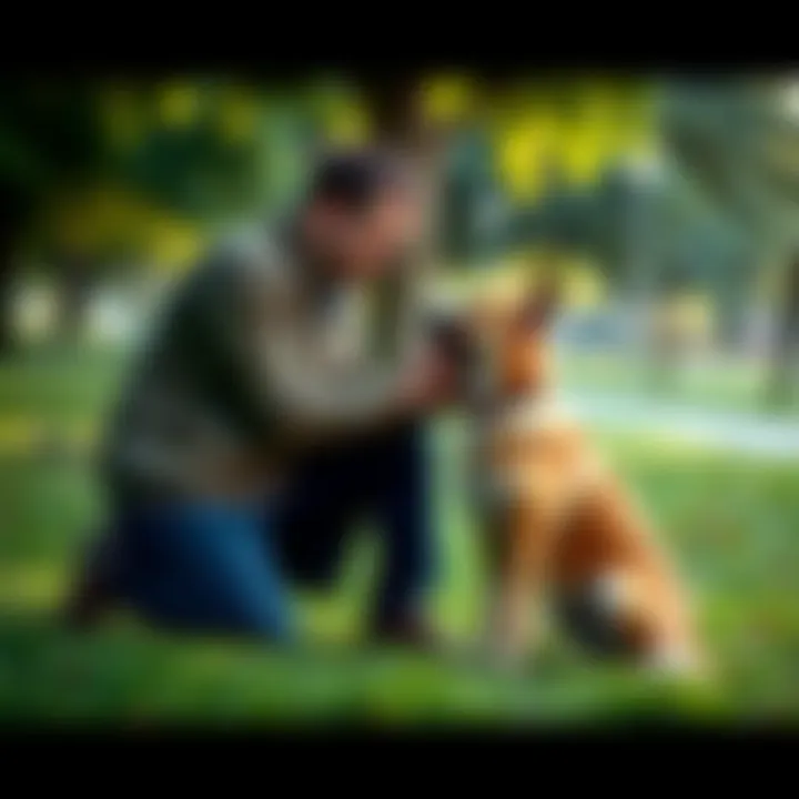 A person kneeling beside a dog, both looking at each other with understanding. The setting is a park with green grass and trees in the background.