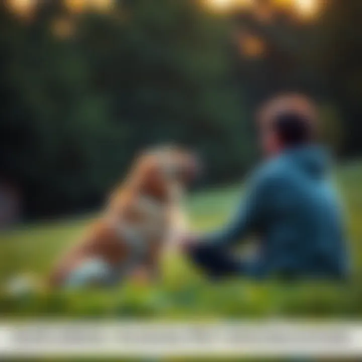 A person sitting on the grass with a dog, both looking at each other, sharing a moment of connection.