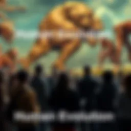 A group of people debating human evolution with images of ancient and modern humans in the background.