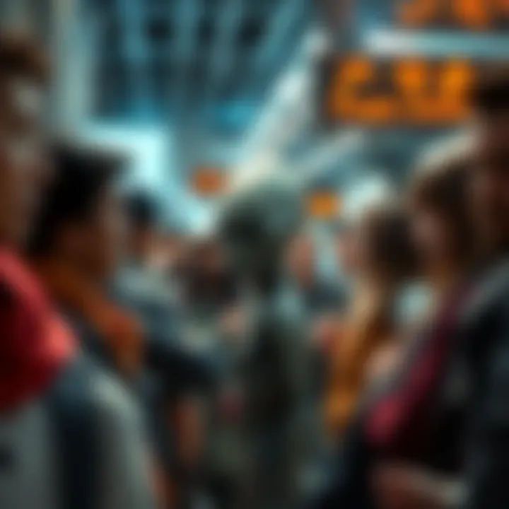 Human Groups Reacting to Alien Beings A diverse group of people showing different reactions to an alien figure in a public space, some looking curious while others appear fearful.