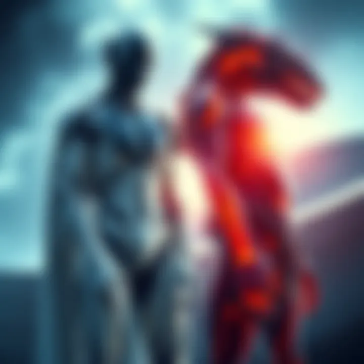 A human figure standing next to a futuristic hybrid being, symbolizing the potential evolution of humanity and interaction with advanced life forms.