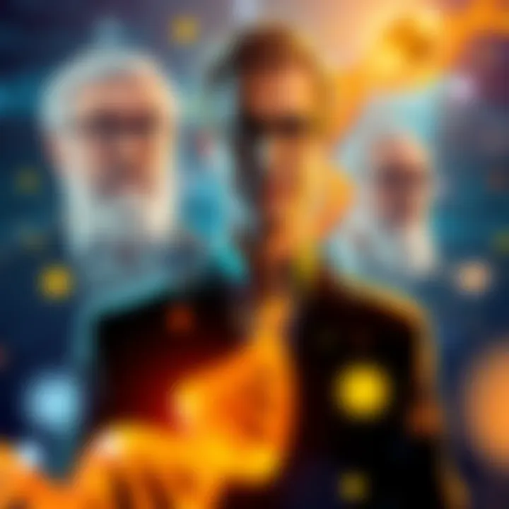 Illustration depicting connections between researchers in human immortality, featuring images of Bryan Bishop and James Watson, with scientific charts and DNA strands in the background.