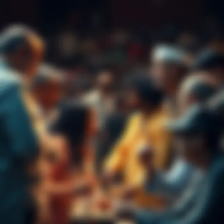 A diverse group of people engaged in various activities, showcasing both collaboration and conflict, illustrating the complexity of humanity.