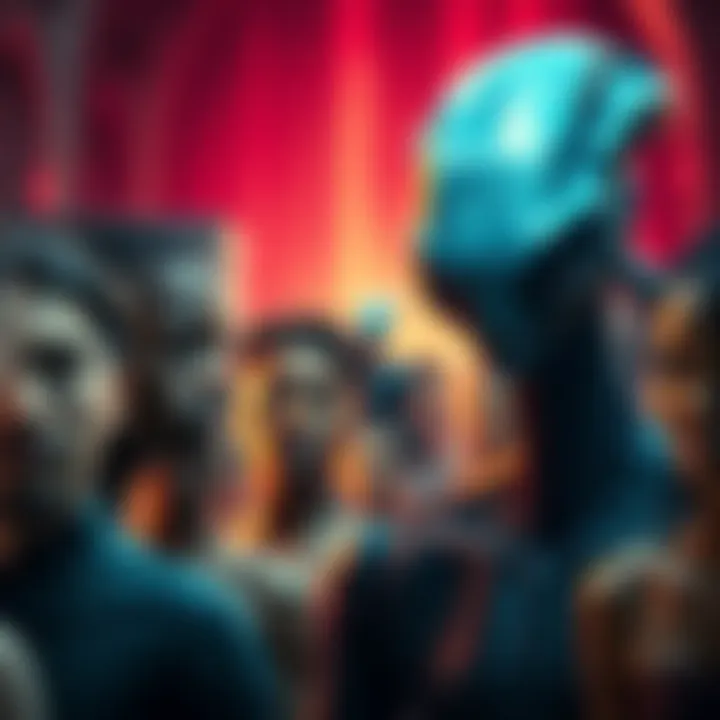Representation of diverse human races with an alien figure observing them in the background.