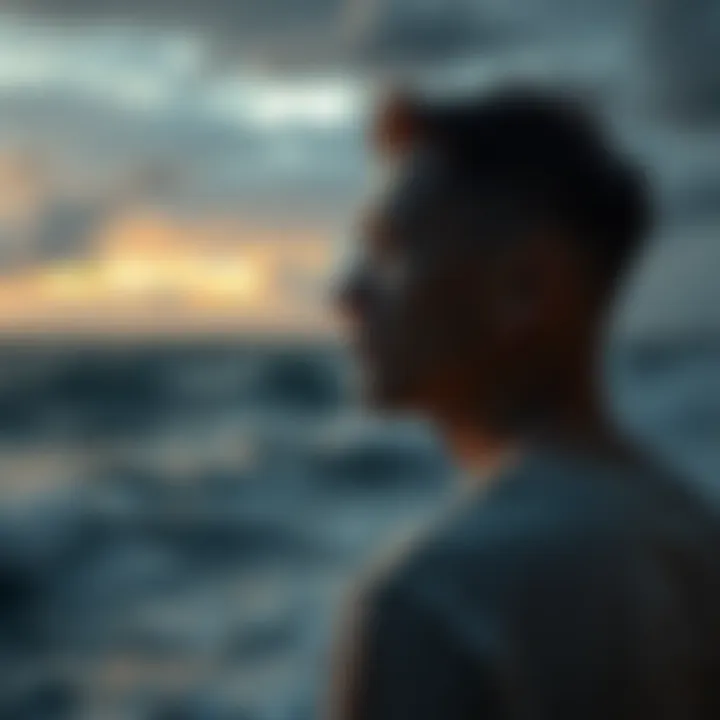 A thoughtful person gazing out at a stormy sea, contemplating life's struggles and pain.
