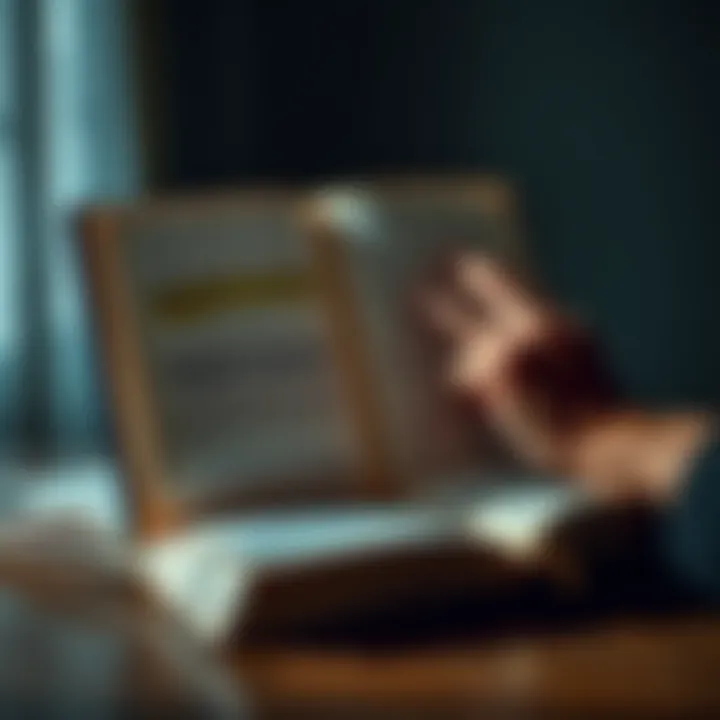 An open book with highlighted text discussing human rights violations, with a concerned hand on it.