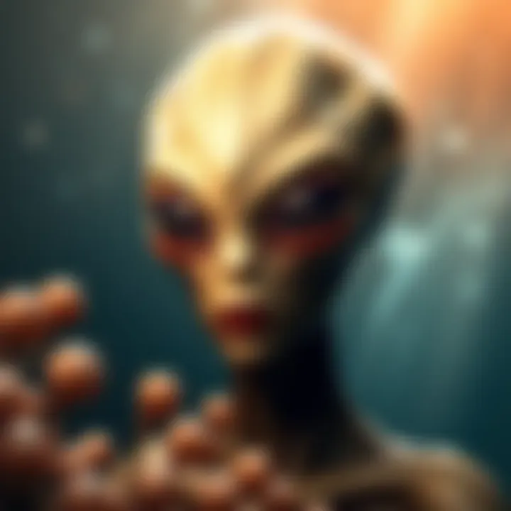 A visual representation of a human-shaped alien with distinct features and a starry background, contrasting with formless blobs in the foreground.