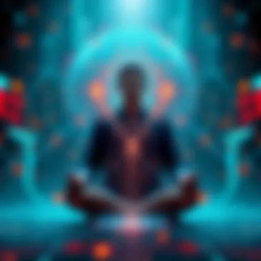 A person meditating with a digital overlay representing consciousness and simulation, surrounded by abstract shapes and colors.