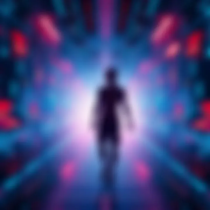 Illustration showing a figure in a digital environment with elements suggesting a simulation, like grids or code.