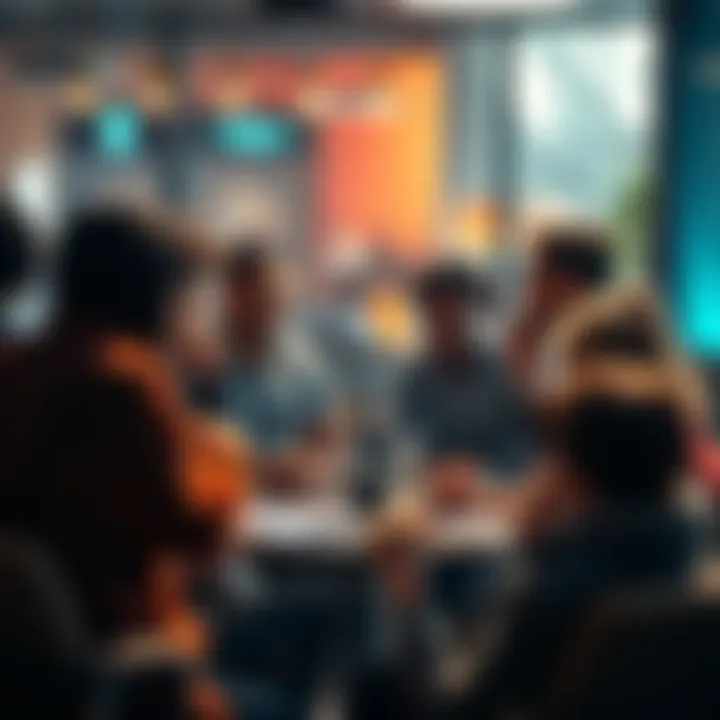 Group of diverse people debating the concept of sin at birth in a lively setting.