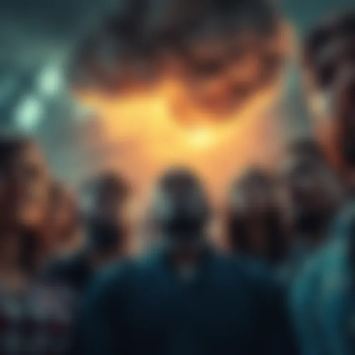 Human Struggles with Fear A group of people showing expressions of fear and concern, looking towards a dark cloud symbolizing unseen powers, representing humanity's struggles.