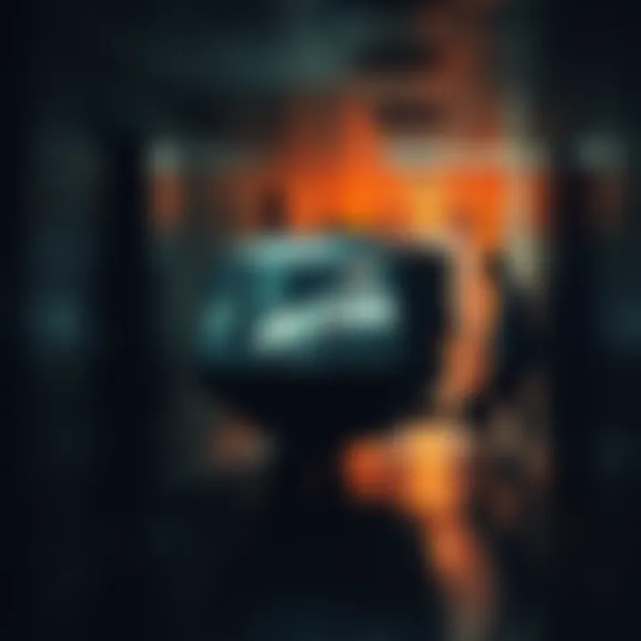 Human tank in eerie hallway A strange tank-like device containing a human is being pushed through a dark, narrow hallway by shadowy staff members.