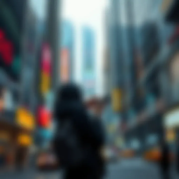 A person stands in a busy city, looking at their smartphone while surrounded by towering buildings and digital screens, highlighting the clash between natural instincts and modern life.