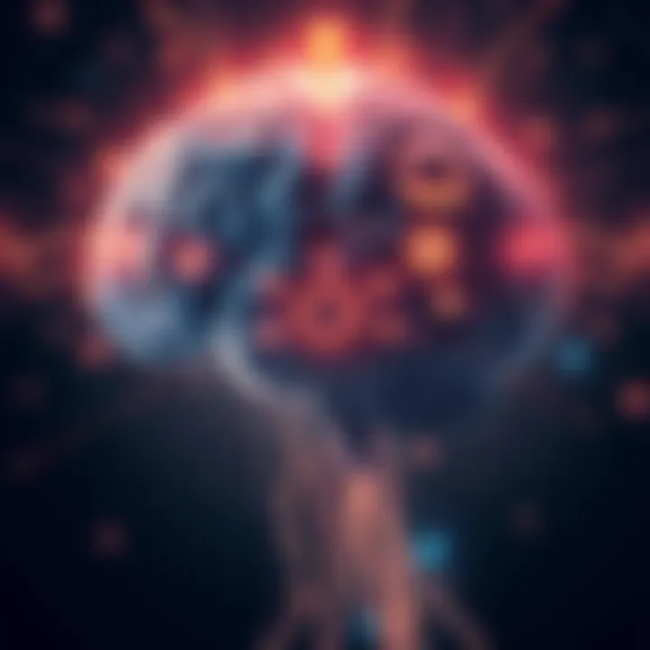 Illustration of a human brain linked with past memories and future visions, showing a flow of images and thoughts between them.