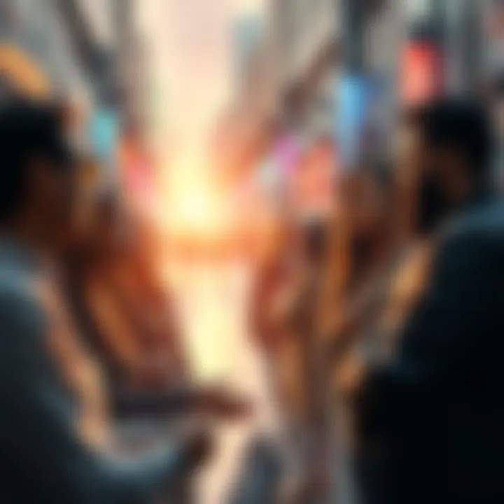 A group of diverse people engaged in a serious conversation about reality and artificial intelligence in an urban setting.
