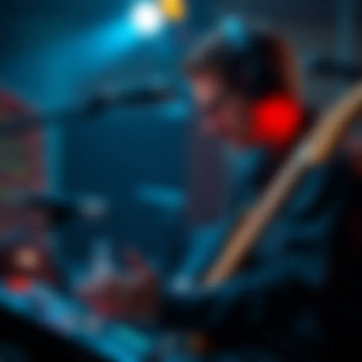 A guitarist and a computer-generated music interface working together to create a song.