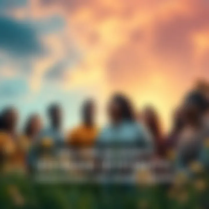 A diverse group of people reflecting on the nature of humanity and divinity in a peaceful setting