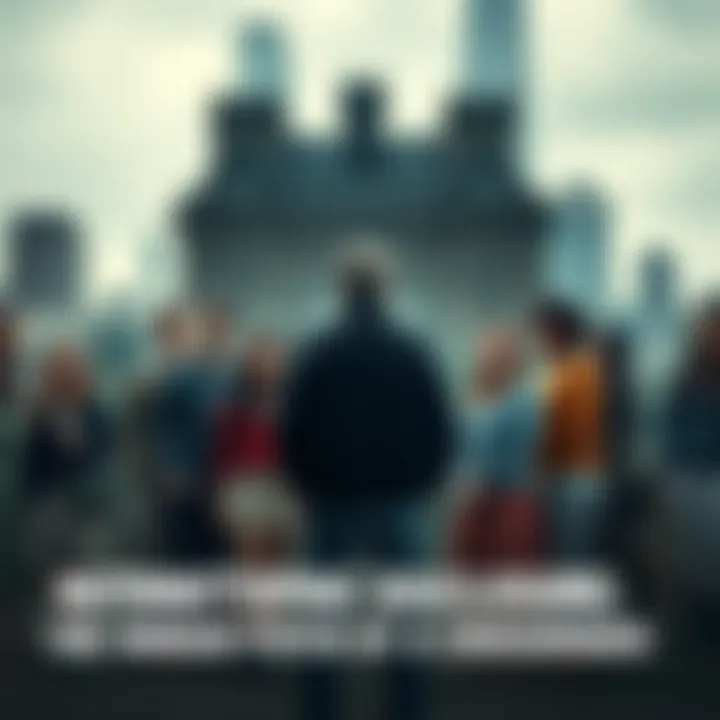 A diverse group of people standing together, looking concerned and thoughtful as they face a large, dark figure representing catastrophic truths. The background is a blurred cityscape, symbolizing reality.