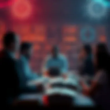 A group of people discussing and sharing ideas about reality and the importance of disclosure, surrounded by books and digital screens.
