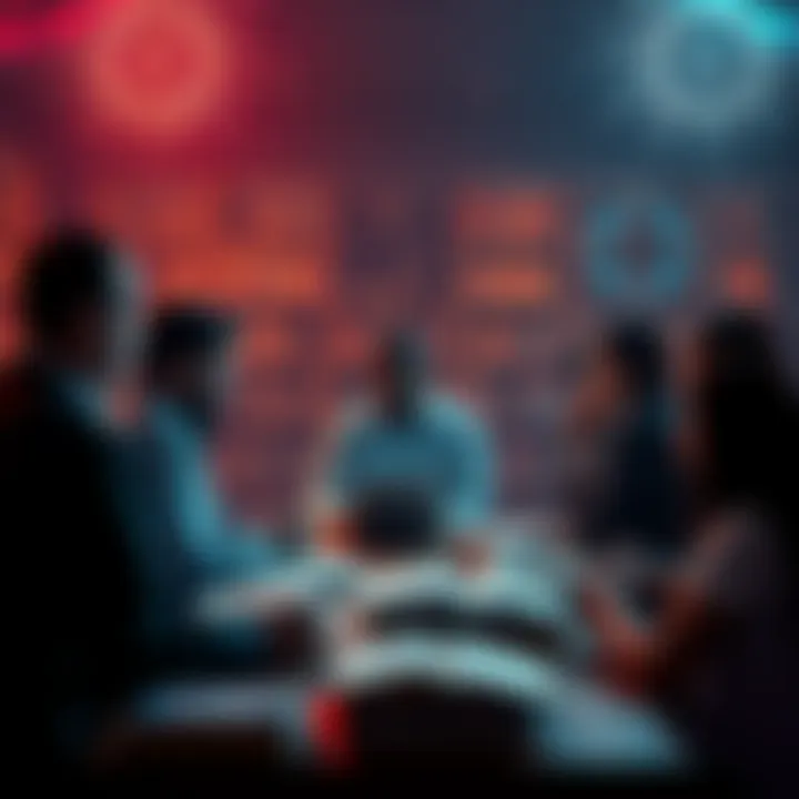 A group of people discussing and sharing ideas about reality and the importance of disclosure, surrounded by books and digital screens.