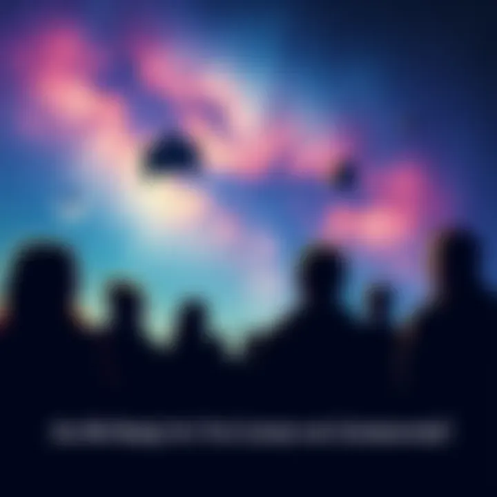 A diverse group of people gazing at a starry sky, contemplating contact with extraterrestrial life, with a spacecraft silhouette in the background.