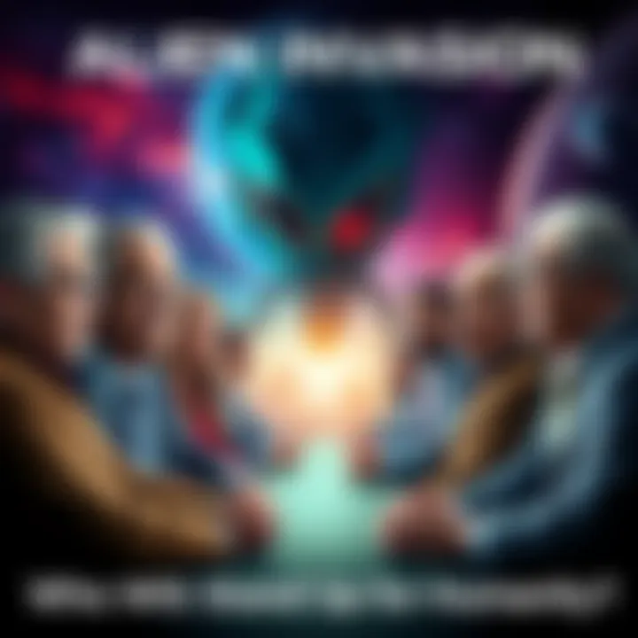 A group of diverse leaders from different backgrounds discussing strategies to represent humanity during an alien invasion, with a cosmic backdrop.
