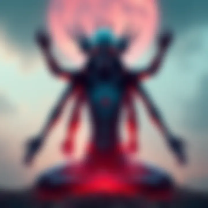 A surreal humanoid entity with multiple arms and eyes appears during a meditation session, claiming to be the person's own self.