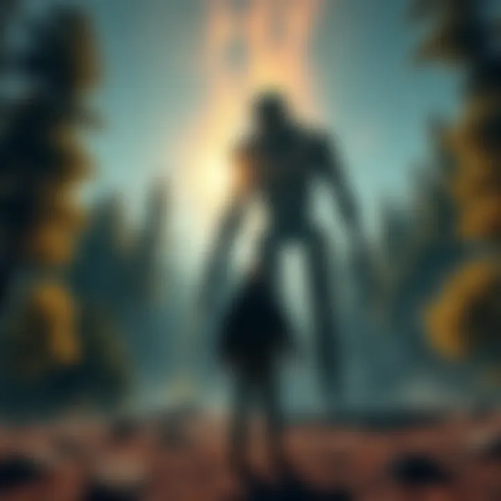 Humanoid Encounter A person standing in awe while facing a humanoid figure in a forest setting, surrounded by trees and a starry sky.