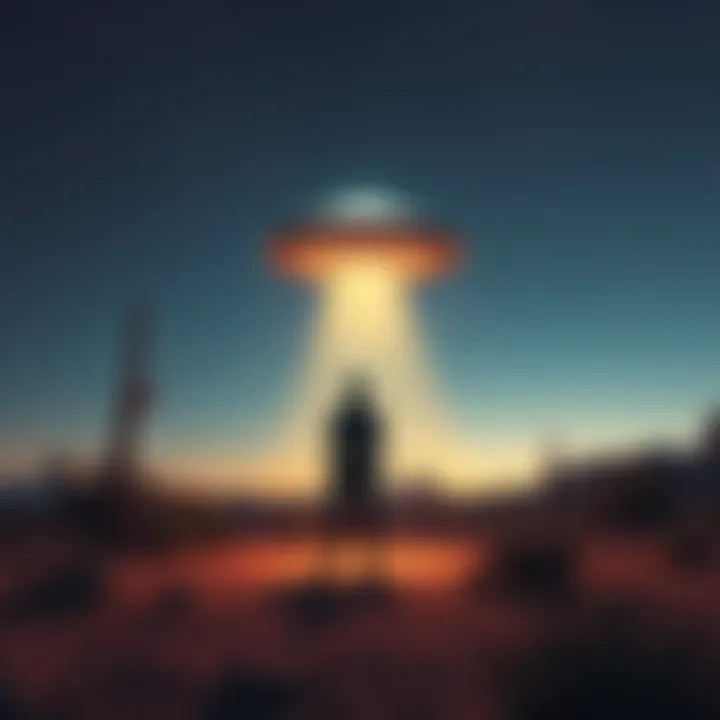 A depiction of a humanoid figure standing near a UFO in the Arizona desert under a starry sky