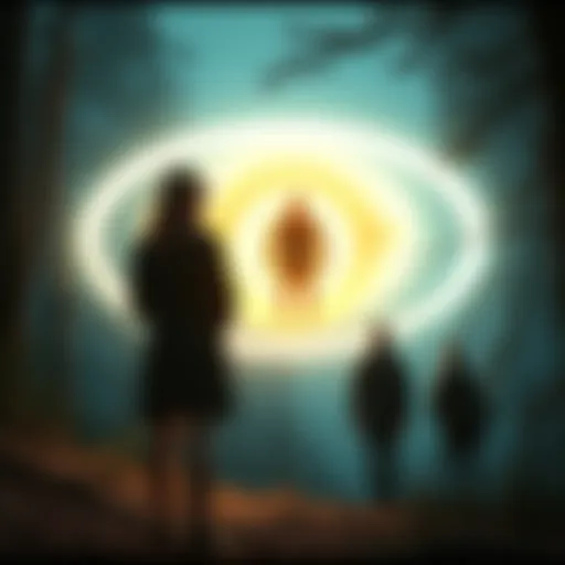 A teacher stands in a forest, staring at a glowing oval object with a humanoid figure inside. Her husband watches in disbelief as the object begins to vanish.