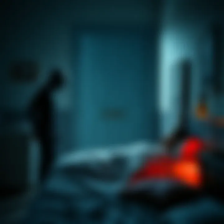 A shadowy humanoid figure stands at the bedroom door while a person sleeps peacefully beside their mother, suggesting a mysterious presence.