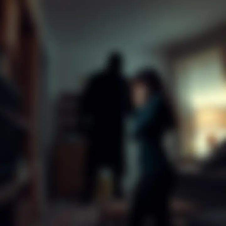 Humanoid Intruder in Apartment A shadowy figure resembling a humanoid stands in a dimly lit apartment, with a distressed resident in the foreground looking shocked.