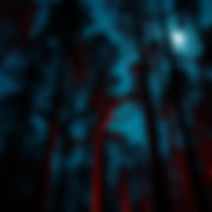 A humanoid figure jumps between tall trees in a dark forest, creating an eerie atmosphere with shadows and moonlight.