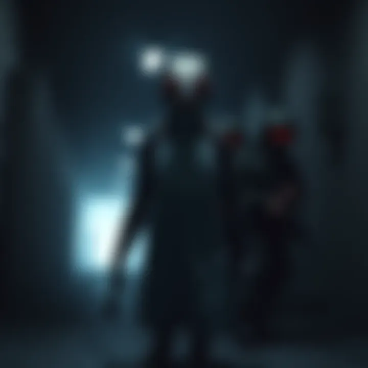 A humanoid figure resembling a penguin with bright red eyes stands in a dark military base, startling two guards.