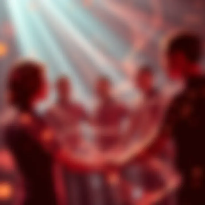 Humans as Vibratory Beings A group of people connecting with each other, surrounded by waves of energy symbolizing vibrations, representing human connections and purpose.