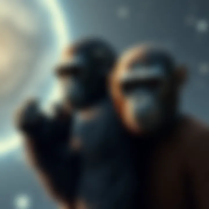 A depiction of humans and apes side by side, illustrating the evolution debate with a space background suggesting extraterrestrial influence.
