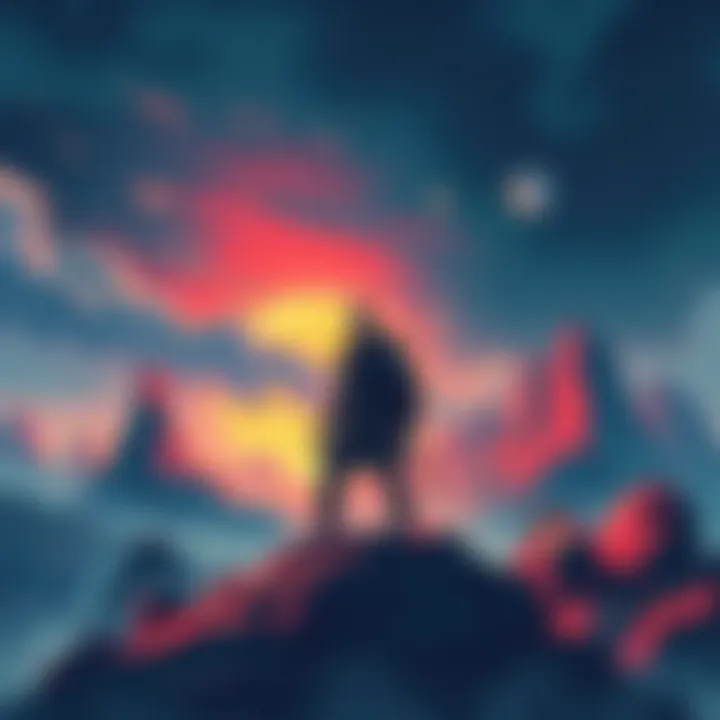 Illustration of a strong human standing confidently in a rugged landscape, showcasing resilience and power, viewed from an alien perspective.