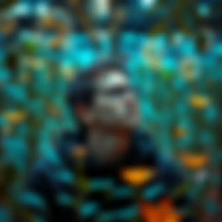 Humans and Bioengineering Concept A thoughtful person surrounded by plants and symbols of bioengineering, reflecting on the relationship between humanity and technology.