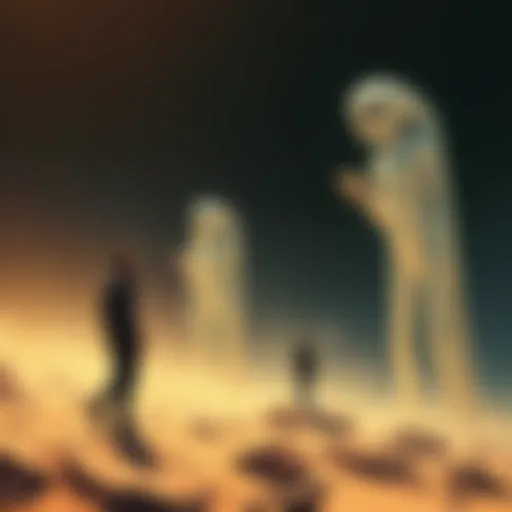 A depiction of humans interacting with Tall Whites, extraterrestrial beings from Charles Hall's experiences, set against a starry background.