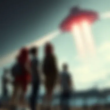 A diverse group of people from different cultures standing together, looking up at a spaceship descending from the sky, representing humanity's first impression to extraterrestrial visitors.