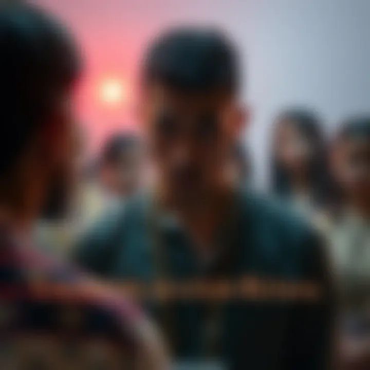 A person standing in front of a group, visibly embarrassed and anxious during a humiliation ritual, highlighting the emotional strain of the moment.