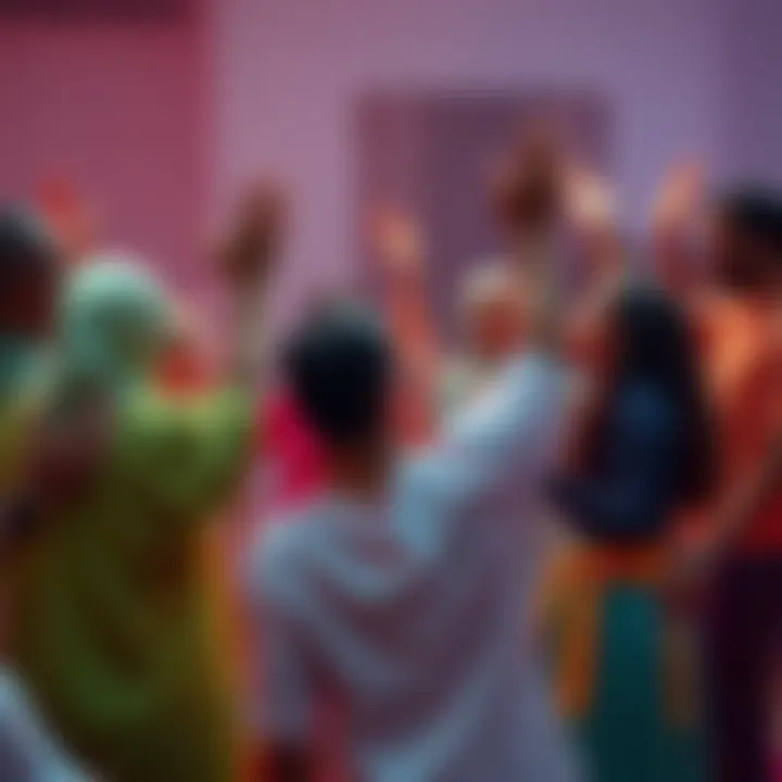 A diverse group of individuals engaged in a ceremony symbolizing humiliation and personal growth, standing in a circle with hands raised, expressing emotion and connection.