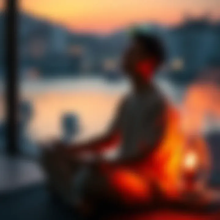 A person sitting in a peaceful environment, exhaling while humming to enhance nitric oxide levels, promoting relaxation and well-being.