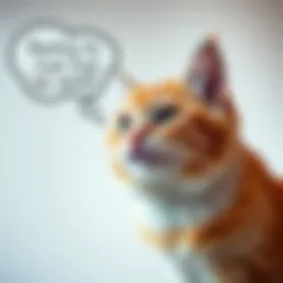 A playful cat with a thought bubble showing funny thoughts about its owner, reflecting typical cat behaviors.