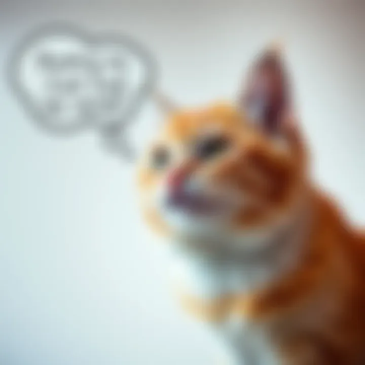 A playful cat with a thought bubble showing funny thoughts about its owner, reflecting typical cat behaviors.