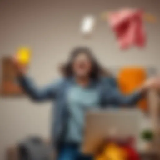 A person juggling everyday items like a coffee cup, laptop, and laundry while laughing, symbolizing life's daily struggles with humor.