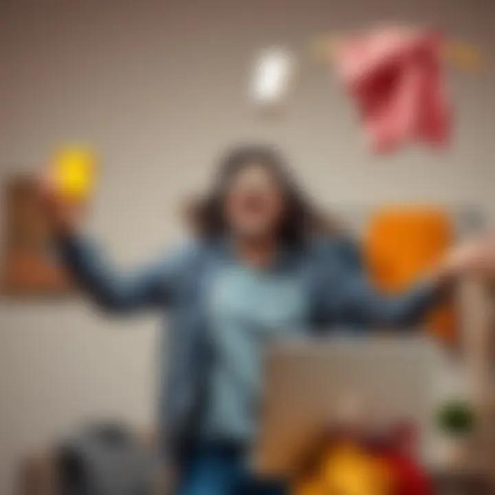 A person juggling everyday items like a coffee cup, laptop, and laundry while laughing, symbolizing life's daily struggles with humor.