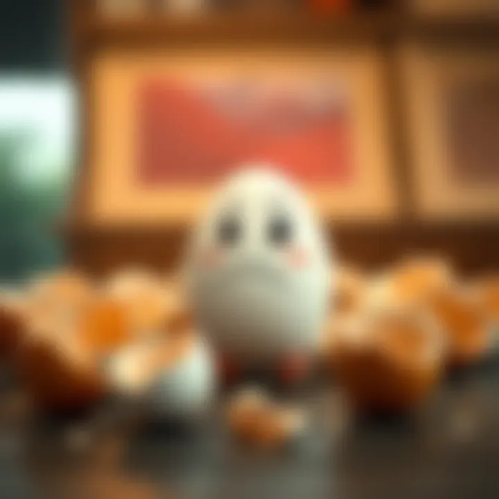 A cartoon egg with a sad face, sitting on a table, surrounded by cracking eggshells, representing its only laid life.
