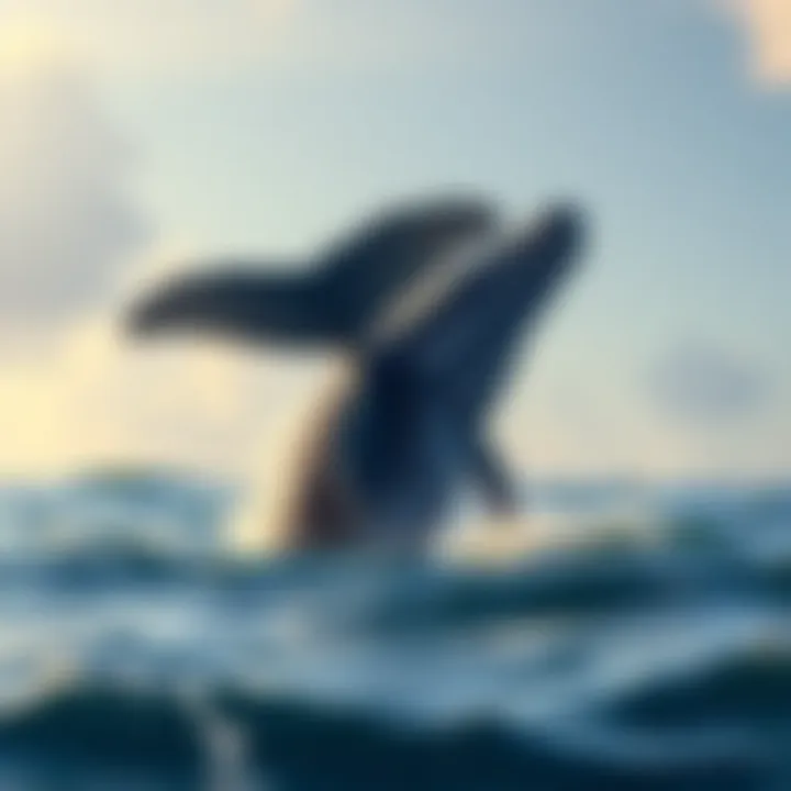 Humpback whale swimming near the surface A humpback whale breaching the water's surface, showcasing its massive tail and body while surrounded by ocean waves.